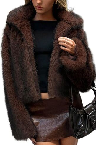 ELLEVEN Women's Two-Tone Faux Fur Coat - Fluffy Winter Jacket with Lapel Collar, Hooks & Pockets in Saudi Arabia