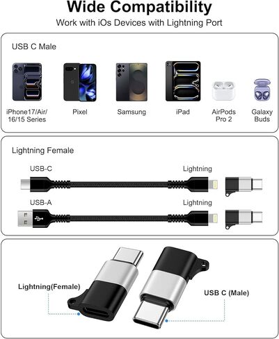 محول Lightning إلى USB C، 2 حزمة USB C إلى محول Lightning لأجهزة iPhone 15/16/17 Pro/iPad Pro/AirPods 3، وموصل Apple Lightning إلى Type C للشحن السريع ونقل البيانات - ليس للصوت أو OTG in Kuwait