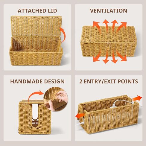 Cable Management Box, Handwoven Synthetic Rattan Cable Organizer, 2 Side Open Slots Cords Hider Box, Under Desk Cord Organizer for USB Wire, TV PC Charger & Power Strip, Natural in Saudi Arabia