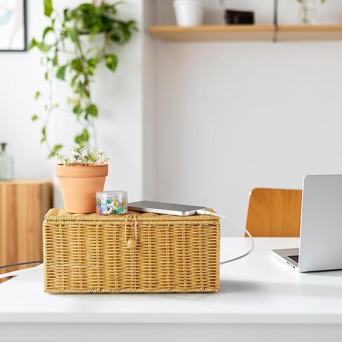 Cable Management Box, Handwoven Synthetic Rattan Cable Organizer, 2 Side Open Slots Cords Hider Box, Under Desk Cord Organizer for USB Wire, TV PC Charger & Power Strip, Natural in Saudi Arabia