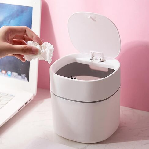سلة قمامة صغيرة من البلاستيك لسطح المكتب، صندوق قمامة على الطراز الشمالي، صندوق برميل أشتات، غطاء قابل للإزالة لمكتب المكتب والحمام (أبيض) in Kuwait