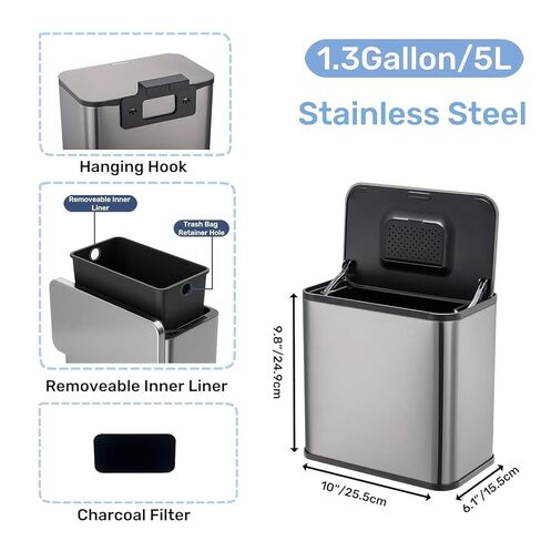 2 Pack Odor Control Slim Stainless Steel Hanging Trash Can,1.3 Gallon (5l) Garbage Bin with Lid, Removable Inner Bucket & Charcoal Filter,Compact Indoor Waste Container for Kitchen, Bathroom in Saudi Arabia