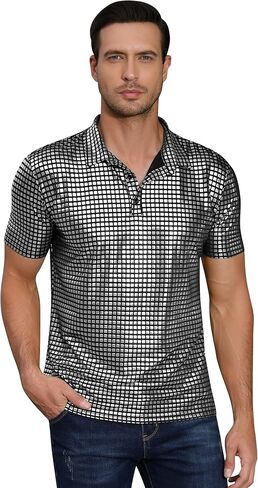 Men's Shirts Sequins Shiny Short Sleeve Polo Top Button Hipster Nightclub Party Prom Costume 70s t-Shirt in Saudi Arabia