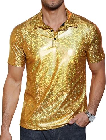 Men's Shirts Sequins Shiny Short Sleeve Polo Top Button Hipster Nightclub Party Prom Costume 70s t-Shirt in Saudi Arabia