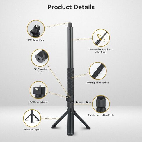UTEBIT 5.9"-47" مقبض دوار ثلاثي القوائم مع عصا سيلفي غير مرئية، متوافق مع Insta360 X5/X4، DJI OSMO Pocket 3، GoPro، عصا سيلفي مدمجة بخيط 1/4 بوصة وحامل ثلاثي القوائم على الطاولة، أسود in Saudi Arabia