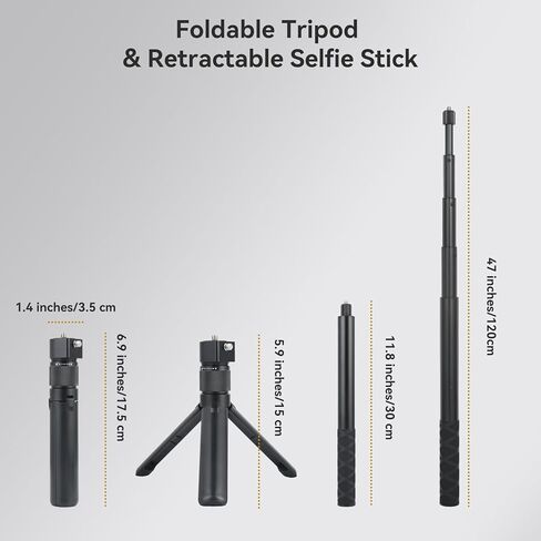 UTEBIT 5.9"-47" مقبض دوار ثلاثي القوائم مع عصا سيلفي غير مرئية، متوافق مع Insta360 X5/X4، DJI OSMO Pocket 3، GoPro، عصا سيلفي مدمجة بخيط 1/4 بوصة وحامل ثلاثي القوائم على الطاولة، أسود in Saudi Arabia