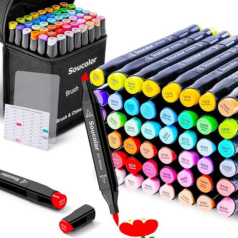 أقلام تحديد كحول Soucolor 168 لونًا مع حافظة وحاملات، وإزميل ذو أطراف مزدوجة وأقلام رسم فنية دقيقة لتلوين البالغين ورسم الأطفال، ومستلزمات فنية لأقلام التحديد الفنية لمزج الرسم in Kuwait