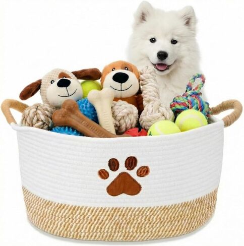 Woof Dog Toy Basket سلة تخزين سلال الحيوانات الأليفة المنسوجة مع مقابض متينة، سلة الحيوانات الأليفة المنسوجة صناديق الجراء لتنظيم ألعاب بطانيات الكلاب وإكسسواراتها (20.5 × 11.4 × 8.7 بوصة، مخلب) in Kuwait