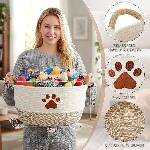 Woof Dog Toy Basket سلة تخزين سلال الحيوانات الأليفة المنسوجة مع مقابض متينة، سلة الحيوانات الأليفة المنسوجة صناديق الجراء لتنظيم ألعاب بطانيات الكلاب وإكسسواراتها (20.5 × 11.4 × 8.7 بوصة، مخلب) in Kuwait