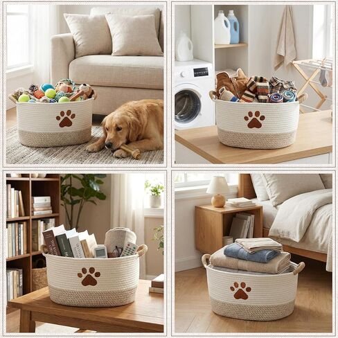 Woof Dog Toy Basket سلة تخزين سلال الحيوانات الأليفة المنسوجة مع مقابض متينة، سلة الحيوانات الأليفة المنسوجة صناديق الجراء لتنظيم ألعاب بطانيات الكلاب وإكسسواراتها (20.5 × 11.4 × 8.7 بوصة، مخلب) in Kuwait