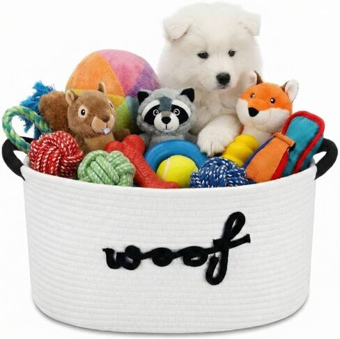 Woof Dog Toy Basket سلة تخزين سلال الحيوانات الأليفة المنسوجة مع مقابض متينة، سلة الحيوانات الأليفة المنسوجة صناديق الجراء لتنظيم ألعاب بطانيات الكلاب وإكسسواراتها (20.5 × 11.4 × 8.7 بوصة، مخلب) in Kuwait