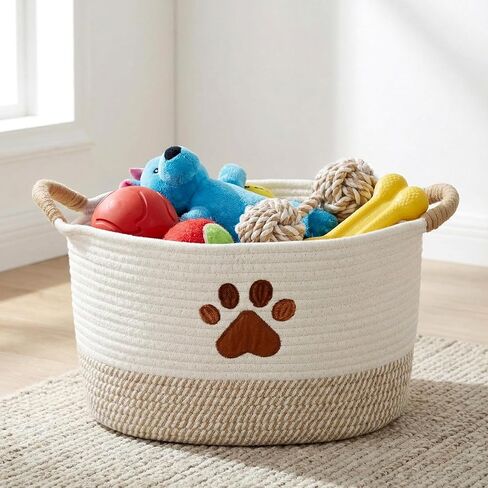 Woof Dog Toy Basket سلة تخزين سلال الحيوانات الأليفة المنسوجة مع مقابض متينة، سلة الحيوانات الأليفة المنسوجة صناديق الجراء لتنظيم ألعاب بطانيات الكلاب وإكسسواراتها (20.5 × 11.4 × 8.7 بوصة، مخلب) in Kuwait
