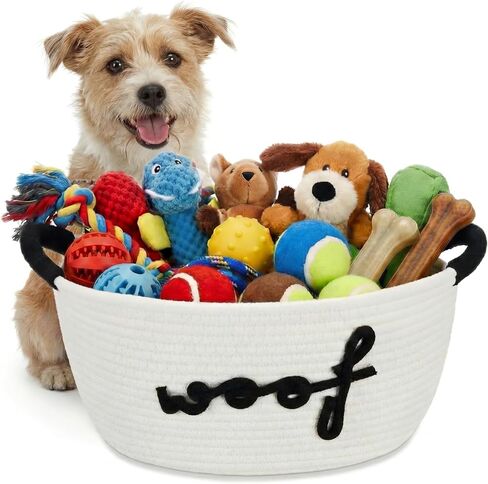 Woof Dog Toy Basket سلة تخزين سلال الحيوانات الأليفة المنسوجة مع مقابض متينة، سلة الحيوانات الأليفة المنسوجة صناديق الجراء لتنظيم ألعاب بطانيات الكلاب وإكسسواراتها (20.5 × 11.4 × 8.7 بوصة، مخلب) in Kuwait