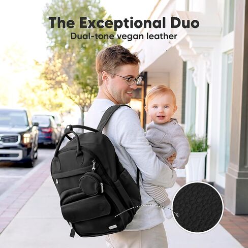 KeaBabies Diaper Bag Backpack - Multifunctional Travel Diaper Back Packs, Maternity Baby Changing Bags, Compact 18L Capacity, PU Leather, Waterproof, Unisex, Nappy Changing Pad (Trendy Black) in Saudi Arabia