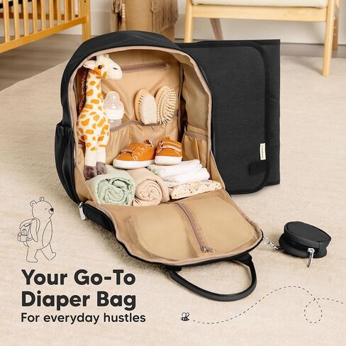 KeaBabies Diaper Bag Backpack - Multifunctional Travel Diaper Back Packs, Maternity Baby Changing Bags, Compact 18L Capacity, PU Leather, Waterproof, Unisex, Nappy Changing Pad (Trendy Black) in Saudi Arabia