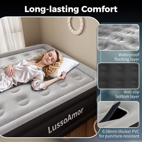 Full Size Air Mattress with Built in Pump, 4000mah Rechargeable for Camping and Indoor, Leak-Proof PVC Soft Anti-Slip Velvet Top,Holds 650lbs Blow Up Portable Bed in Saudi Arabia