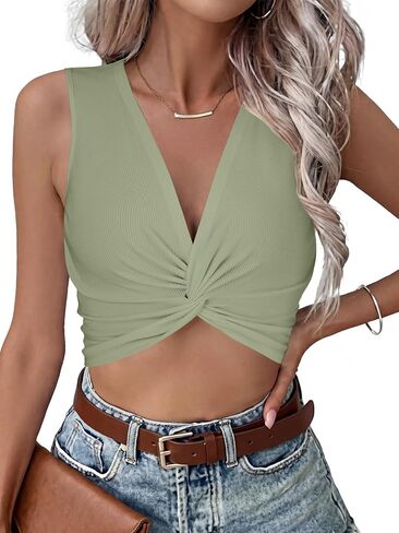 Vrtige Women's Twist Front V Neck Ribbed Knit Sleeveless Sexy Cami Tank Crop Top in Saudi Arabia