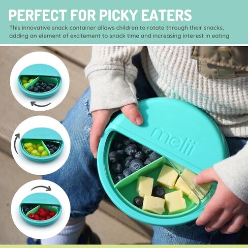 melii Spin Snack Container | 3-Compartment Rotating Snack Box with Sliding Window, BPA-Free, Dishwasher Safe, Portable Snack Container for Kids Ages 3+ (Blue) in Saudi Arabia