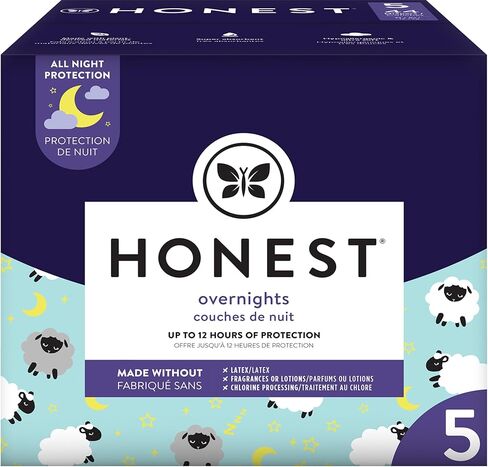 شركة Honest Company حفاضات ليلية مريحة وجافة للاستعمال مرة واحدة، صندوق نادي الأغنام النائم المستدام القائم على النبات، مقاس 5، 27 رطلاً، 44 قطعة in Kuwait