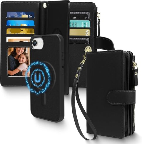 2 في 1 لـ iPhone 16 Pro Max Wallet Case Magnetic متوافق مع Magsafe RFID حامل بطاقة Card Cover قابلة للفصل السوستة حزام المعصم Kickstand للرجال النساء 6.9 "2024 الأزهار الأرجواني in Saudi Arabia