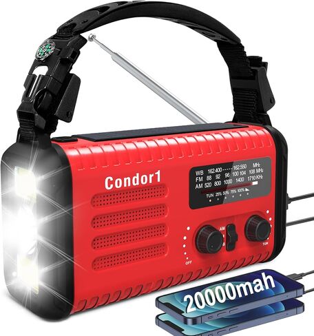 راديو الطوارئ 20000 مللي أمبير في الساعة، راديو AM FM NOAA المحمول بالطاقة الشمسية، بطارية قابلة لإعادة الشحن، إنذار SOS، مصباح يدوي، مصباح قراءة للطوارئ المنزلية الخارجية (أحمر) in Kuwait