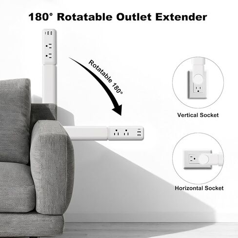 Electrical Outlet Extender Stick with Telescopic 22"-34" Extension & 180° Swivel, 2 AC Outlets & 3 USB Ports (1 USB-C/2 USB-A), for Hard-to-Reach Outlets Behind Furniture Bed Desk Sofa Nightstands in Saudi Arabia