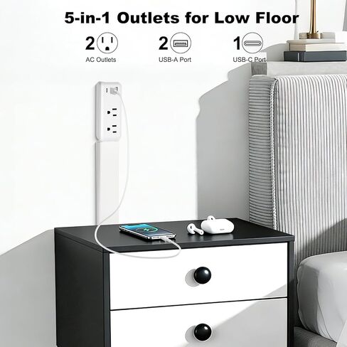 Electrical Outlet Extender Stick with Telescopic 22"-34" Extension & 180° Swivel, 2 AC Outlets & 3 USB Ports (1 USB-C/2 USB-A), for Hard-to-Reach Outlets Behind Furniture Bed Desk Sofa Nightstands in Saudi Arabia