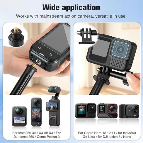 عصا سيلفي 51 بوصة لـ Insta360 X5 X4 Air Go Ultra ألومنيوم غير مرئية لـ GoPro13/12/11 لـ DJI Osmo Nano Action 6 5 Pro 4 3/Pocket 3 ملحقات عمود سيلفي تمديد مع مخالب مزدوجة in Saudi Arabia