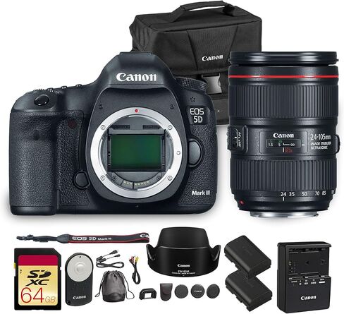 كاميرا كانون EOS 5D Mark III DSLR | مستشعر CMOS كامل الإطار بدقة 22.3 ميجابكسل، ومعالج DIGIC 5+ وفيديو عالي الدقة | لحفلات الزفاف والصور الشخصية (5260B002) + عدسة Canon EF 24-105mm f/4L is II USM + RC-6 + حقيبة + المزيد in Saudi Arabia