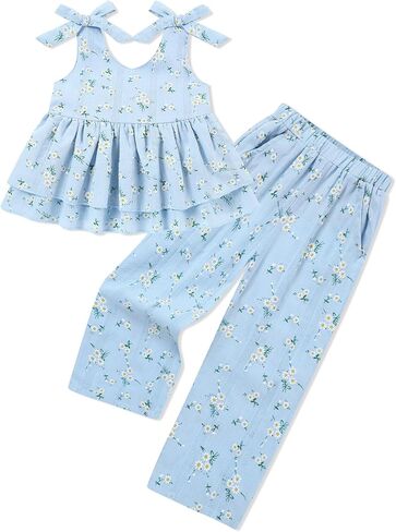 SANMIO Toddler Baby Girl Clothes Floral Summer Outfits Ruffle Sleeveless Tops with Wide Leg Pants Clothing Set for 1-5T in Kuwait