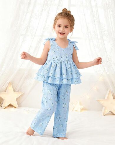 SANMIO Toddler Baby Girl Clothes Floral Summer Outfits Ruffle Sleeveless Tops with Wide Leg Pants Clothing Set for 1-5T in Saudi Arabia