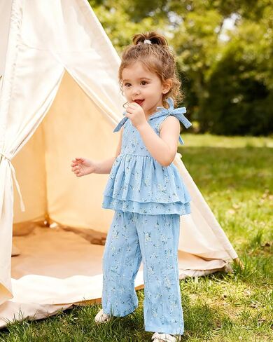 SANMIO Toddler Baby Girl Clothes Floral Summer Outfits Ruffle Sleeveless Tops with Wide Leg Pants Clothing Set for 1-5T in Saudi Arabia