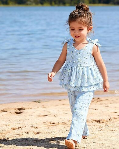 SANMIO Toddler Baby Girl Clothes Floral Summer Outfits Ruffle Sleeveless Tops with Wide Leg Pants Clothing Set for 1-5T in Saudi Arabia