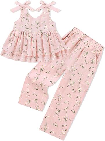 SANMIO Toddler Baby Girl Clothes Floral Summer Outfits Ruffle Sleeveless Tops with Wide Leg Pants Clothing Set for 1-5T in Saudi Arabia
