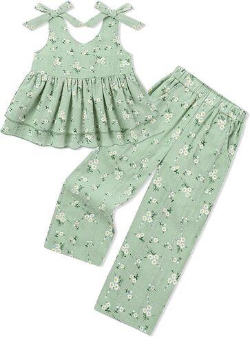 SANMIO Toddler Baby Girl Clothes Floral Summer Outfits Ruffle Sleeveless Tops with Wide Leg Pants Clothing Set for 1-5T in Saudi Arabia