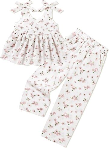 SANMIO Toddler Baby Girl Clothes Floral Summer Outfits Ruffle Sleeveless Tops with Wide Leg Pants Clothing Set for 1-5T in Saudi Arabia