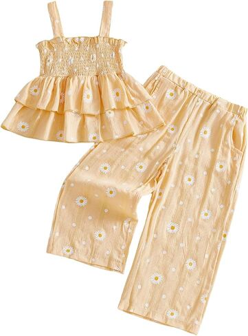 Toddler Baby Girl Clothes Sleeveless Smocked Ruffle Tank Tops and Long Pants Summer Little Girls Outfits in Kuwait