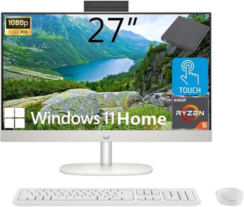 كمبيوتر مكتبي HP الكل في واحد بشاشة لمس FHD مقاس 27 بوصة، ومعالج AMD Ryzen 5 7520U، وذاكرة الوصول العشوائي DDR5 سعة 16 جيجابايت وسعة 1 تيرابايت SSD، وواي فاي 6، وبلوتوث 5.3، ولوحة مفاتيح وماوس 9H DVD لاسلكية، ونظام التشغيل Windows 11 Pro، أبيض in Kuwait