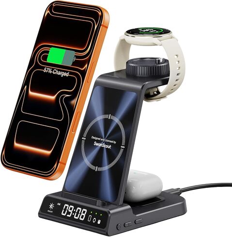 شاحن لساعة جارمين، محطة شحن لاسلكية 3 في 1 لـ Vivoactive/Venu/Forerunner/Instinct/Fenix/Epix، حامل شاحن لهاتف Samsung S25/S24، لهاتف iPhone، لـ AirPods، لـ Galaxy Buds3 (بدون محول) in Saudi Arabia
