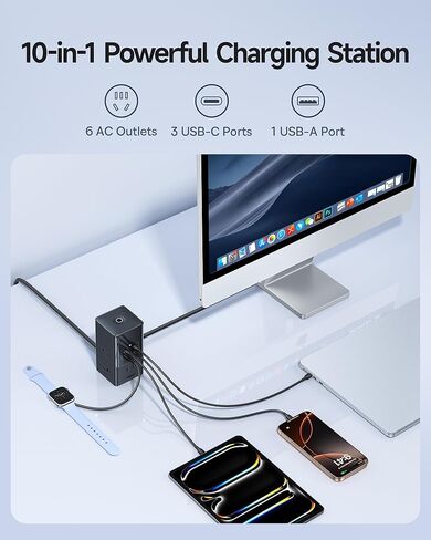 محطة شحن Baseus بقدرة 67 وات، شاحن سطح المكتب 10 في 1 USB-C PD للشحن السريع مع حماية من زيادة التيار 1200J، سلك تمديد 5 أقدام، 6 تيار متردد، 3 USBC، 1 منافذ USBA لأجهزة iPhone 16/15، MacBook، الكمبيوتر اللوحي، سطح المكتب in Saudi Arabia