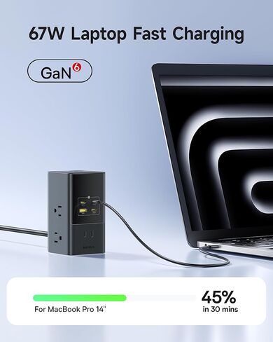 محطة شحن Baseus بقدرة 67 وات، شاحن سطح المكتب 10 في 1 USB-C PD للشحن السريع مع حماية من زيادة التيار 1200J، سلك تمديد 5 أقدام، 6 تيار متردد، 3 USBC، 1 منافذ USBA لأجهزة iPhone 16/15، MacBook، الكمبيوتر اللوحي، سطح المكتب in Saudi Arabia