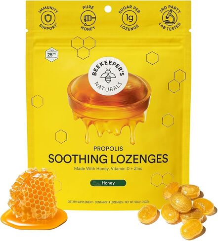 قطرات السعال بالعسل المهدئة من Beekeeper's Naturals - دعم المناعة مع فيتامين د والزنك والبروبوليس أقراص استحلاب الحلق المهدئة، 24 قيراط in Kuwait