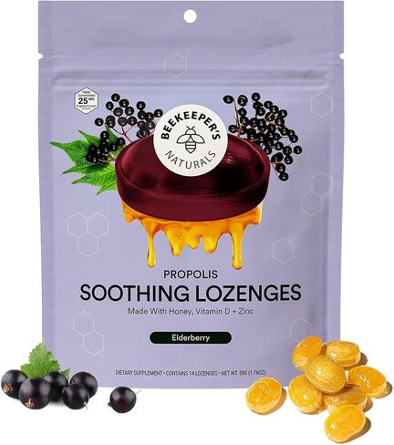 قطرات السعال بالعسل المهدئة من Beekeeper's Naturals - دعم المناعة مع فيتامين د والزنك والبروبوليس أقراص استحلاب الحلق المهدئة، 24 قيراط in Kuwait