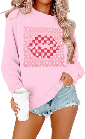 Fayaleq Valentines Day Sweatshirts Valentine Dertts Women Valentines Xoxo Lips Crewneck Pullover Lover Giftshirt Shirt in Kuwait