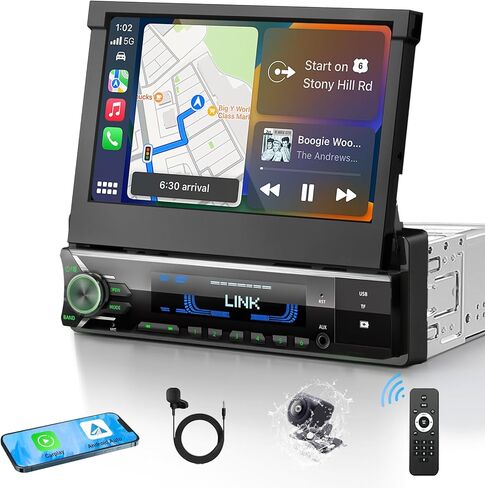 2026 Single Din Car Stereo with Wireless Apple CarPlay & Android Auto, 7-inch HD Motorized Flip-Out Touchscreen Head Unit, Bluetooth 5.1, Type-A Fast Charge, Backup Camera, DSP, AM/FM Radio Receiver in Kuwait