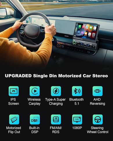 2026 Single Din Car Stereo with Wireless Apple CarPlay & Android Auto, 7-inch HD Motorized Flip-Out Touchscreen Head Unit, Bluetooth 5.1, Type-A Fast Charge, Backup Camera, DSP, AM/FM Radio Receiver in Kuwait