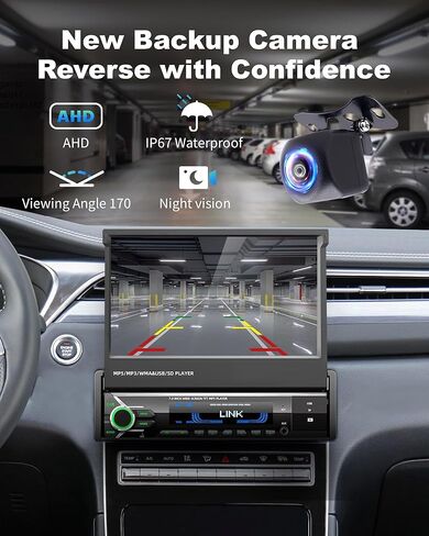 2026 Single Din Car Stereo with Wireless Apple CarPlay & Android Auto, 7-inch HD Motorized Flip-Out Touchscreen Head Unit, Bluetooth 5.1, Type-A Fast Charge, Backup Camera, DSP, AM/FM Radio Receiver in Kuwait