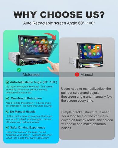 2026 Single Din Car Stereo with Wireless Apple CarPlay & Android Auto, 7-inch HD Motorized Flip-Out Touchscreen Head Unit, Bluetooth 5.1, Type-A Fast Charge, Backup Camera, DSP, AM/FM Radio Receiver in Kuwait