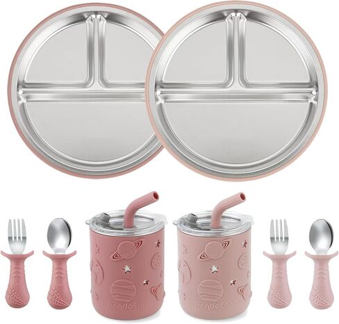مجموعة تغذية الأطفال من الفولاذ المقاوم للصدأ من باندا إير | 2 لوح شفط مقسم، 2 كوب من القش مقاوم للانسكاب مع أكمام من السيليكون، 2 شوكة، 2 ملعقة | أدوات للأطفال الصغار لفطام الطفل، خالية من مادة BPA (أزرق ورمادي) in Kuwait
