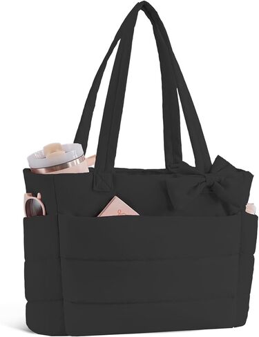 Puffer Tote Bag for Women, Quilted Bow Tote Bag with Cup Holder & 15.6 In Laptop Compartment for Work, Travel, Gym, College in Saudi Arabia